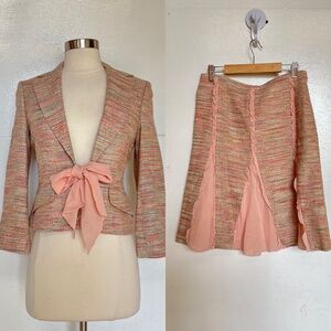 Vintage BCBG Tweed Blazer Jacket Skirt Suit Silk Bow Ruffle Pastel Peach Pink
